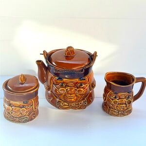Vintage Japan Brown Glazed Tea Set Teapot Sugar Creamer